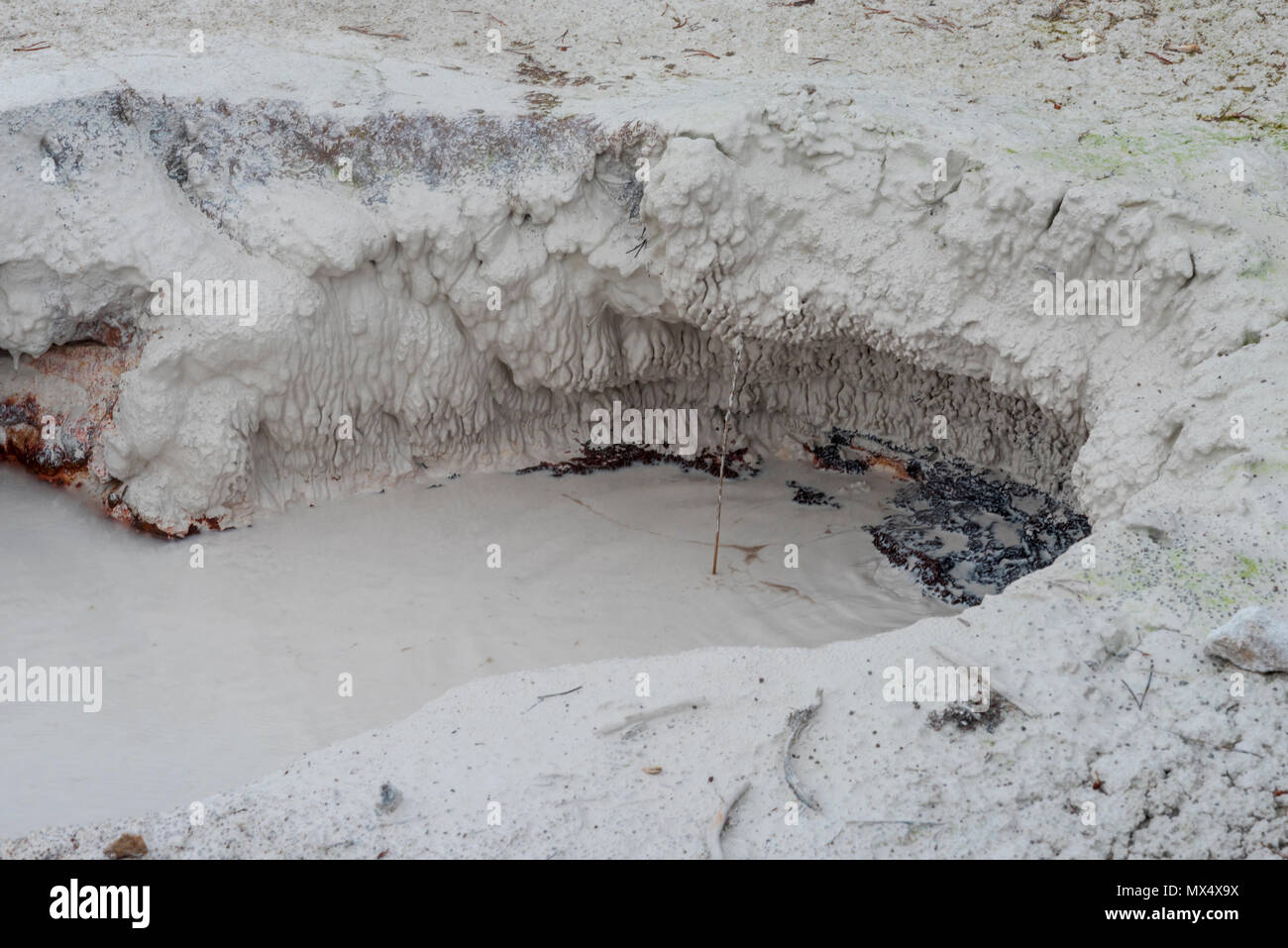 Muddy hot spring with boiling water surrounded by white mud hole. Stock Photo