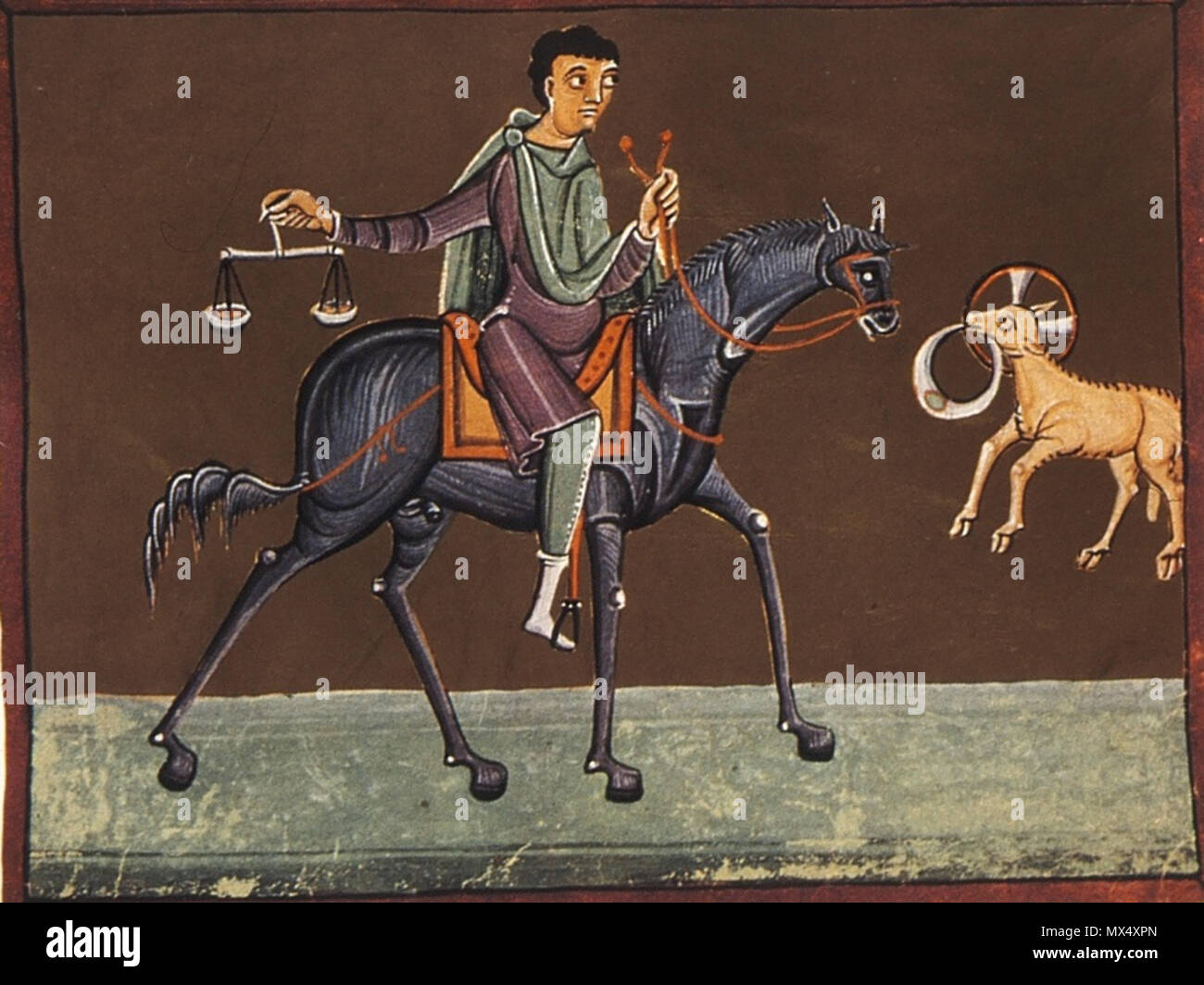 . Deutsch: Der dritte Reiter English: The third horseman . circa 1000. Deutsch: Auftraggeber: Otto III. oder Heinrich II. 70 BambergApocalypseFolio015rThirdHorseman Stock Photo