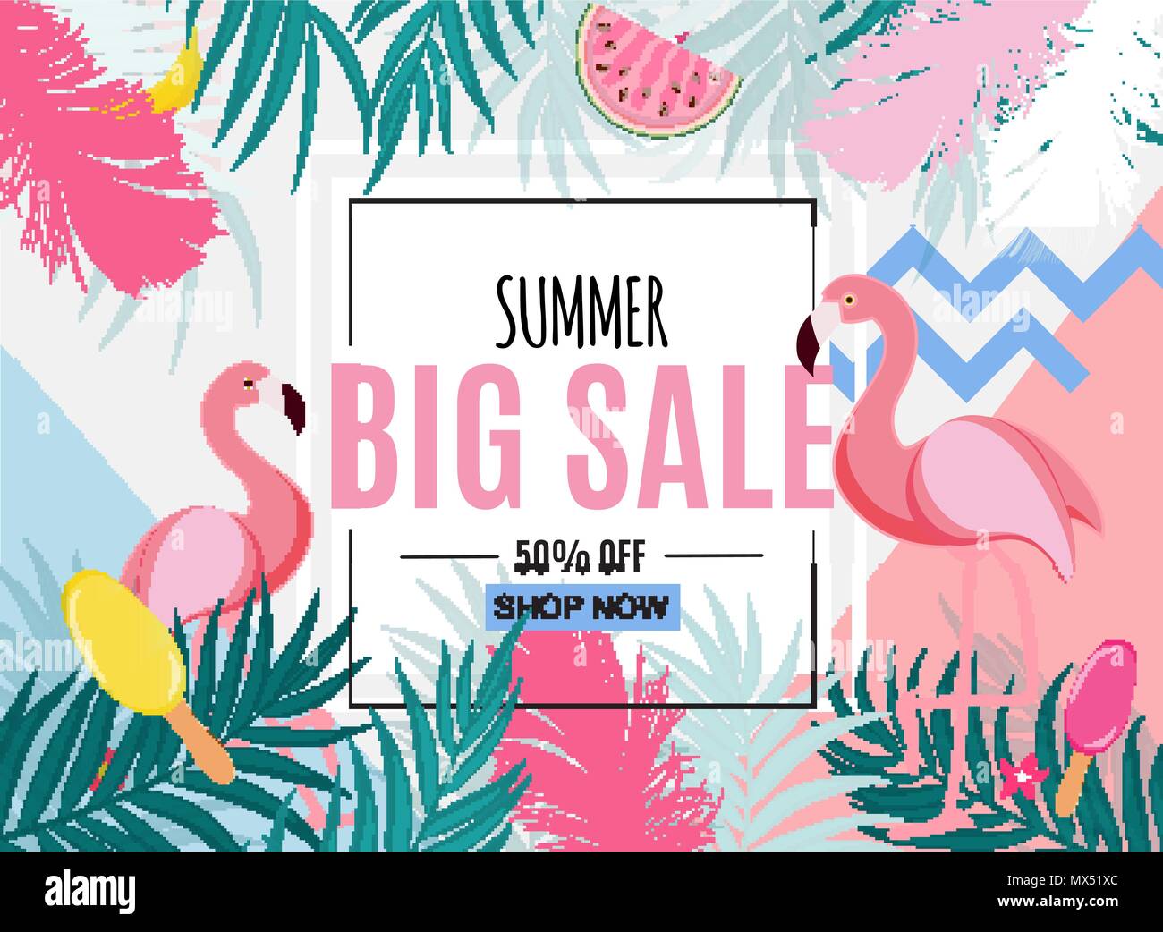 Abstract Summer Sale Background with Palm Leaves and Flamingo. Vector ...