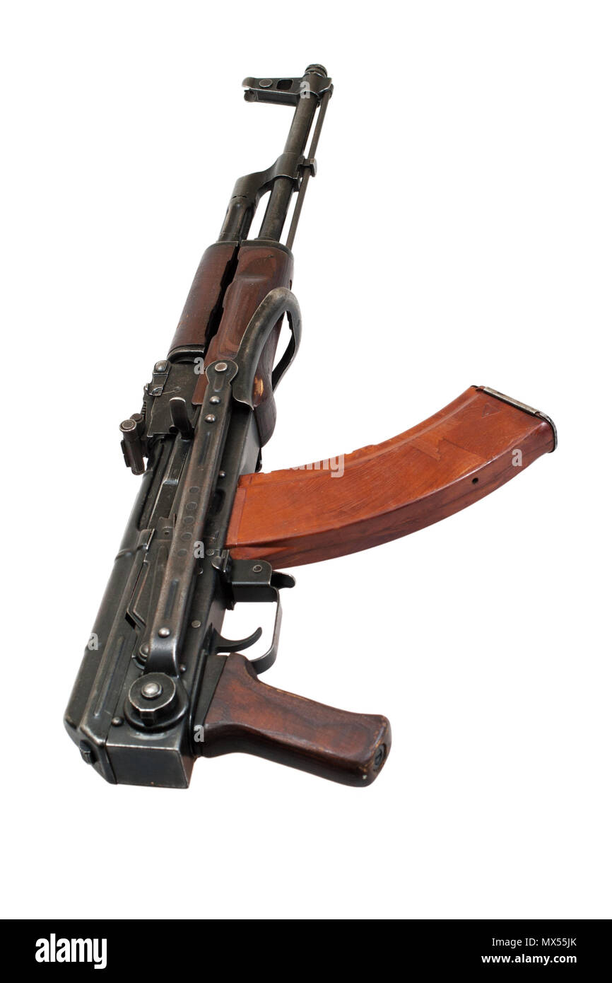 AKMS (Avtomat Kalashnikova) airborn version of Kalashnikov assault rifle on white Stock Photo