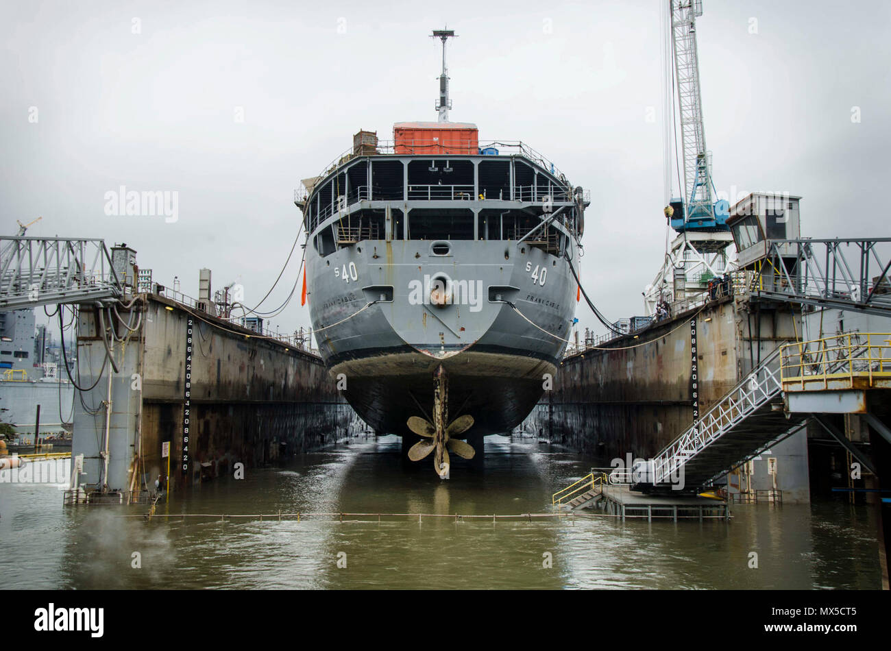 PORTLAND, Ore. (May 2, 2017) The submarine tender USS Frank Cable (AS 40) rests as her dry