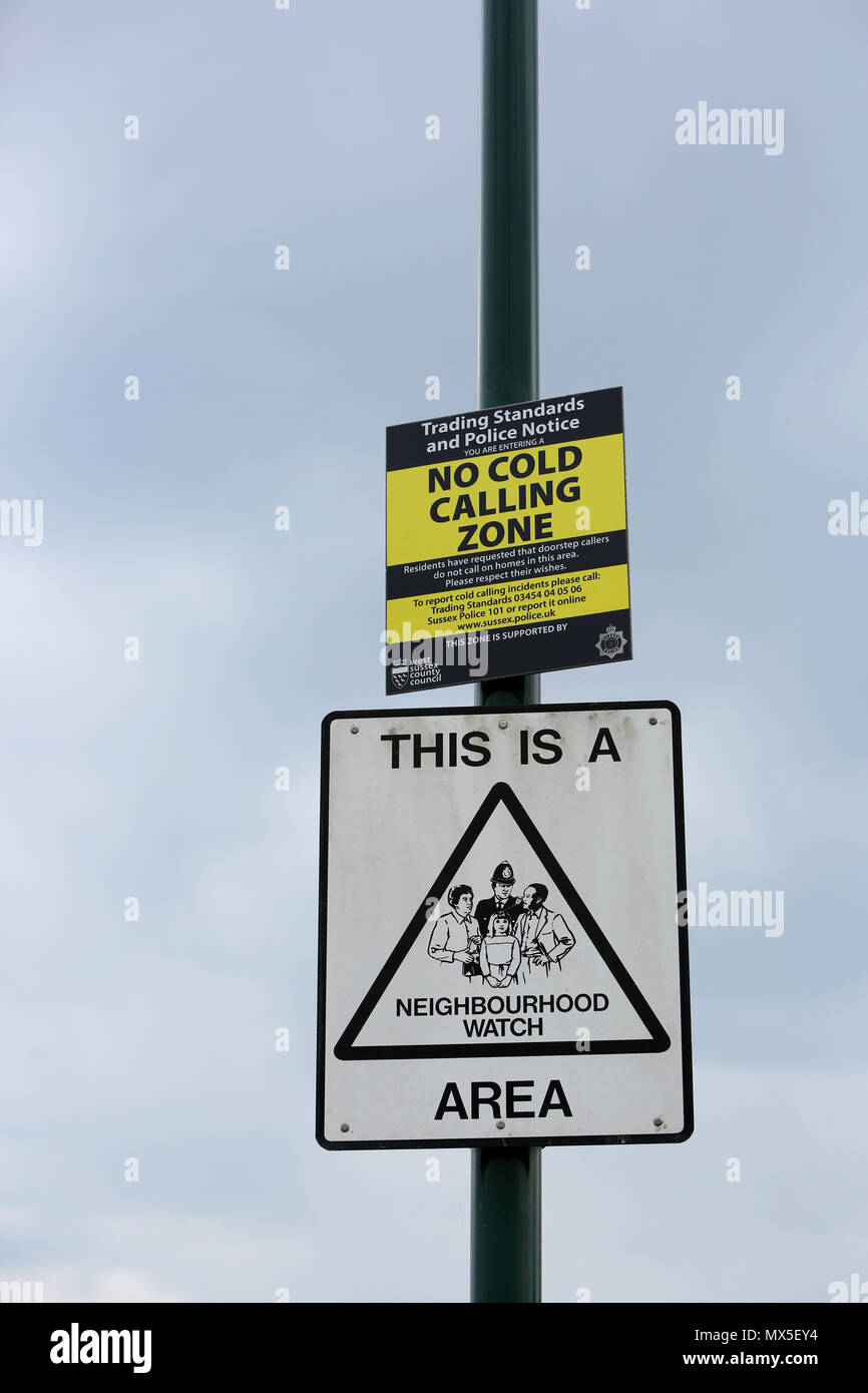 A No Cold Calling Zone sign pictured on a lamppost in West Sussex, UK. Stock Photo