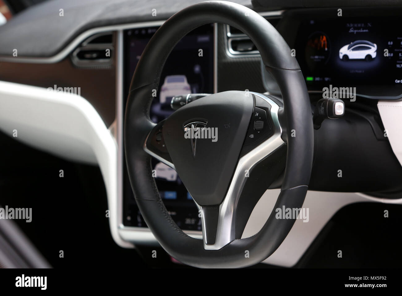 The inside of a new Tesla Model X car pictured in London, UK. Stock Photo
