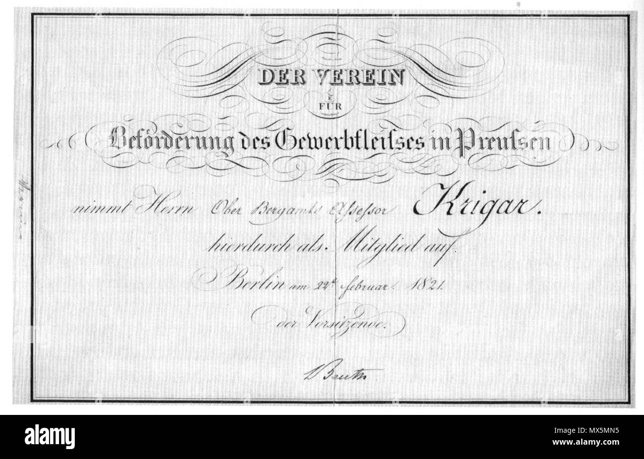 . Membership-card for Johann Friedrich Krigar, signed 'Beuth'. 1821. Copper-engraving by Schmidt 83 Beuth Mitgliedskarte Stock Photo