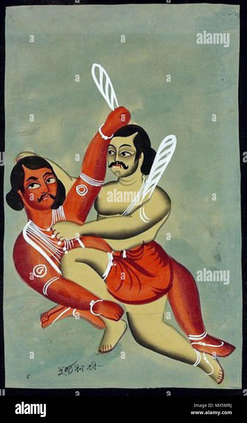 . English: Bhima fighting Duryodhana . circa 1885. Unknown 84 Bhima fighting Duryodhana Stock Photo