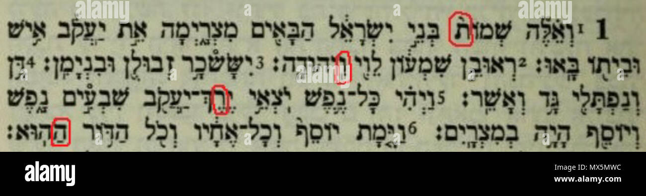 . English: Book of Exodus 1:1-6 with Bible code . 1909. unknown (Rudolph Kittel was editor) 84 Bible code in Exodus 1,1-6 Stock Photo