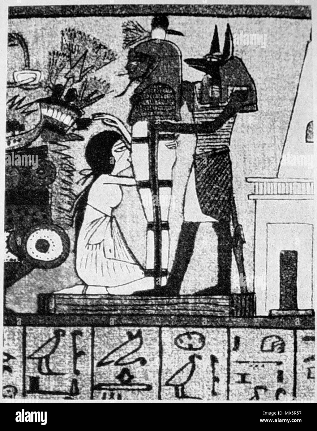 English: Scene illustrating Book of the Dead spell 23; wife is crying  before her mummified Husband; from the Book of the Dead of Ani, British  Museum; full view [1] . This