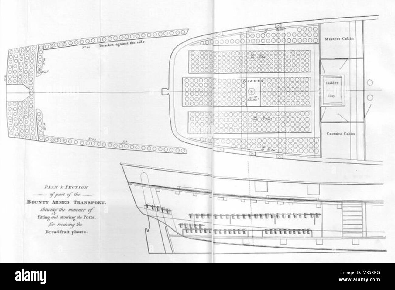. Bounty Armed Transport illustrated in en:William Bligh's 1792 A Voyage to the South Sea, undertaken by command of His Majesty, for the purpose of conveying the bread-fruit tree to the West Indies, in his majesty's ship the Bounty, commanded by Lieutenant William Bligh. Including an account of the Mutiny on board the said ship, and the subsequent voyage of part of the crew, in the ship's boat, from Tofoa, one of the friendly islands, to Timor, a Dutch settlement in the East Indies. The whole illustrated with charts, etc. From http://www.gutenberg.org/etext/15411 . This file is lacking author  Stock Photo