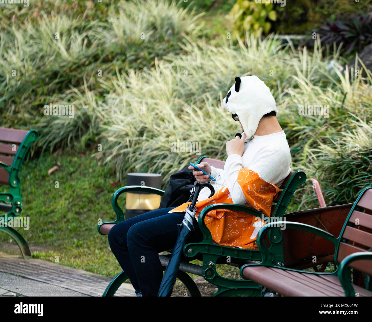 Unidentifiable asian man sitting on a bench wearing a kawaii panda hat in Taipei Taiwan : panda mania concept Stock Photo