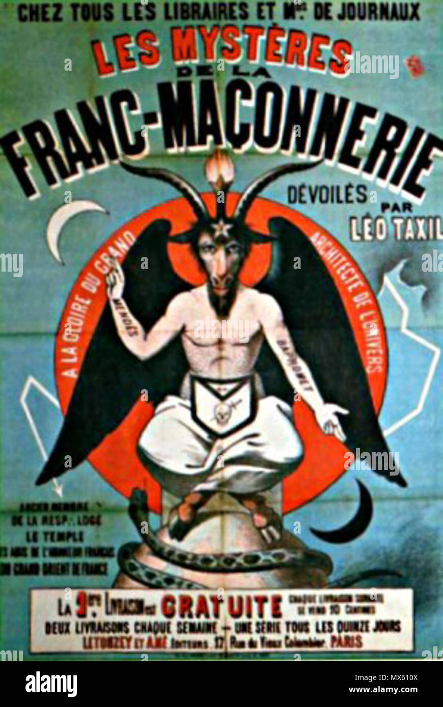. Français : Couverture du canular de Taxil English: Poster for anti-freemasonry book, with imagery based on Eliphas Lévi's version of 'Baphomet' rather than anything Masonic. circa 1895. file: Christophe Dioux 111 CanularDeTaxil Stock Photo