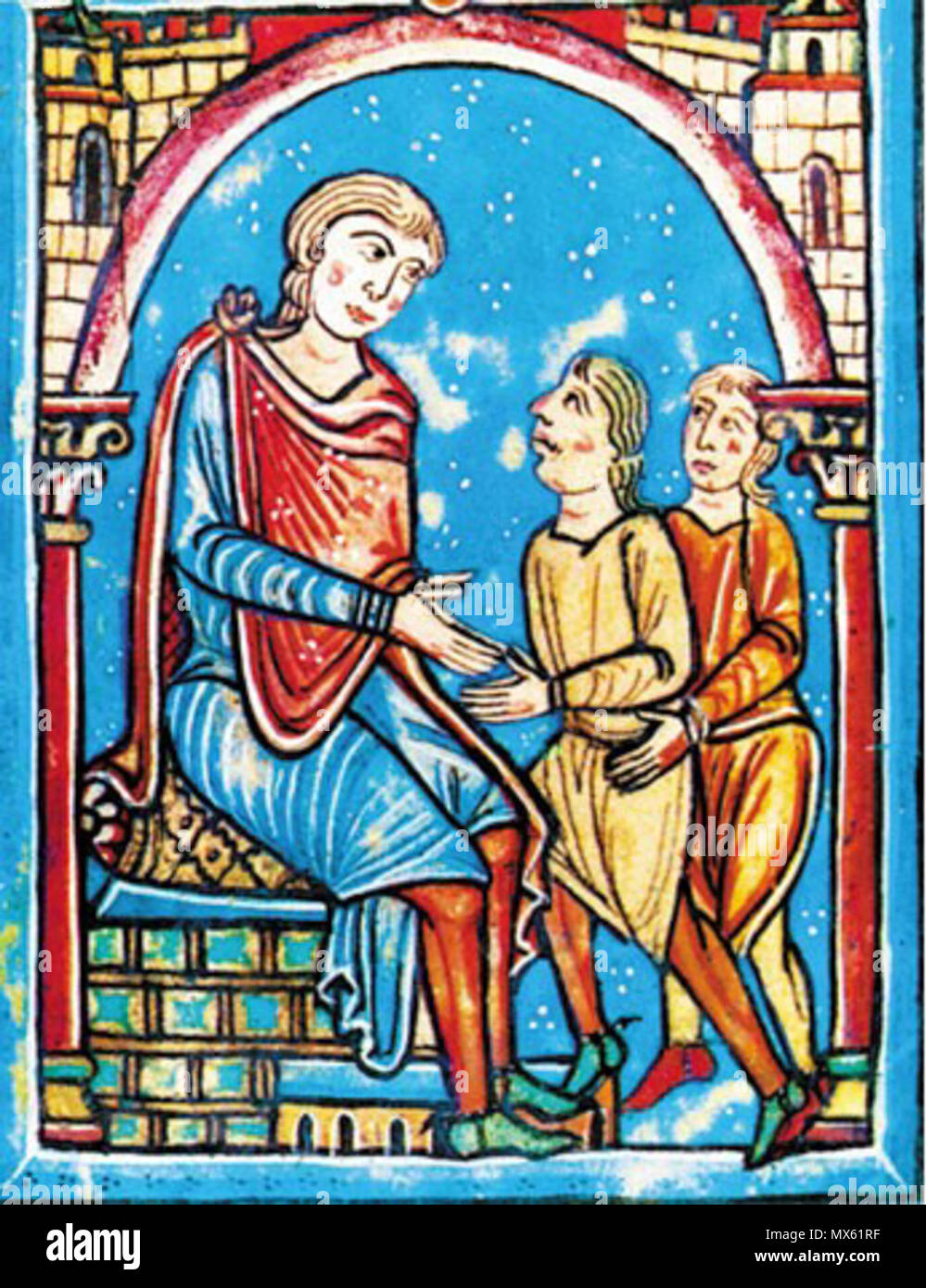 . English: Liber Feudorum Ceritaniae - Miniature alluding to an agreement between lord and vassal. Count Wilfred of Cerdanya, sitting on his throne, receives the tribute of Isern and Dalmau of Castellfollit for the castle of Sant Esteve de Castellfollit. The size difference between lord and vassals is striking, as is the castle scenario where the action unfolds. Français : Liber Feudorum Ceritaniae (fo 1) : Isarn et Dalmau, seigneurs de Castellfollit, rendant hommage à Guifred II de Cerdagne . 12th century. Unknown 121 Cerit3 Stock Photo