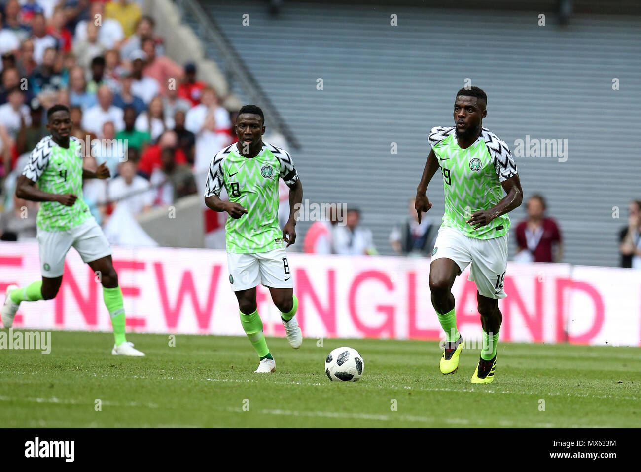 Wembley Stadium, London, UK. 2nd Jun, 2018. John Ogu of Nigeria (19) in action.Football International friendly, England v Nigeria at Wembley Stadium in London on Saturday 2nd June 2018.  this image may only be used for Editorial purposes. Editorial use only, license required for commercial use. No use in betting, games or a single club/league/player publications. pic by Andrew Orchard//Andrew Orchard sports photography/Alamy Live news Stock Photo