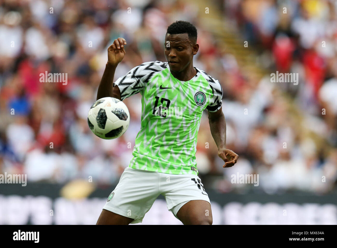 Wembley Stadium, London, UK. 2nd Jun, 2018. Shehu Abdullahi of Nigeria in action. Football International friendly, England v Nigeria at Wembley Stadium in London on Saturday 2nd June 2018.  this image may only be used for Editorial purposes. Editorial use only, license required for commercial use. No use in betting, games or a single club/league/player publications. pic by Andrew Orchard//Andrew Orchard sports photography/Alamy Live news Stock Photo