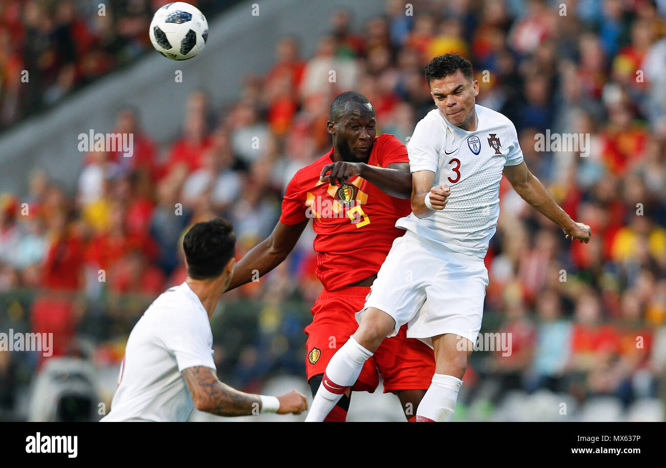 Brussels, Belgium. 2nd June, 2018. Pepe (R) of Portugal fights for a header  against Romelu Lukaku of Belgium during the International Friendly soccer  match at the King Baudouin stadium in Brussels, Belgium,