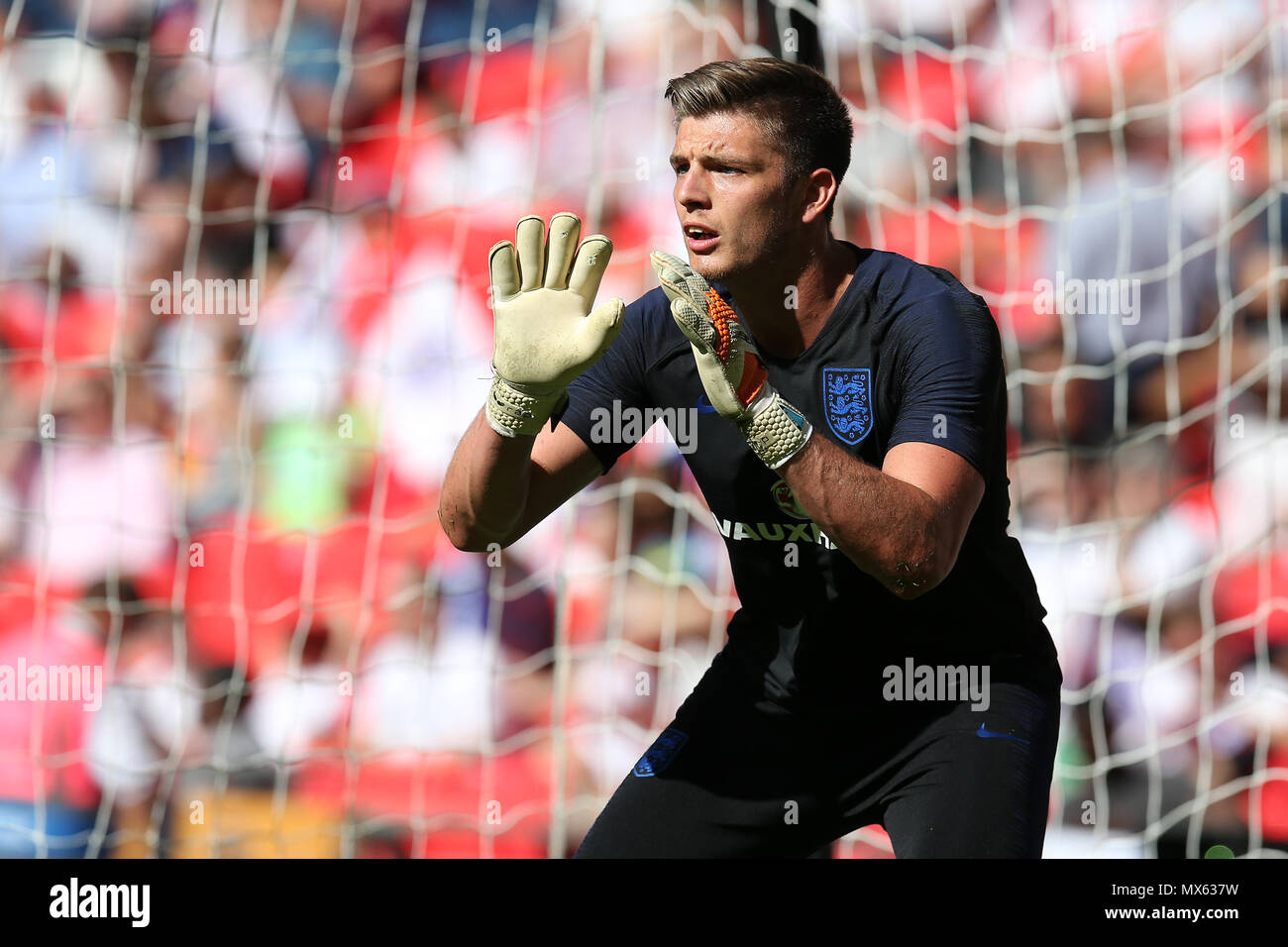 Wembley Stadium, London, UK. 2nd Jun, 2018. Nick Pope, goalkeeper of England during prematch warm up. Football International friendly, England v Nigeria at Wembley Stadium in London on Saturday 2nd June 2018.  this image may only be used for Editorial purposes. Editorial use only, license required for commercial use. No use in betting, games or a single club/league/player publications. pic by Andrew Orchard//Andrew Orchard sports photography/Alamy Live news Stock Photo