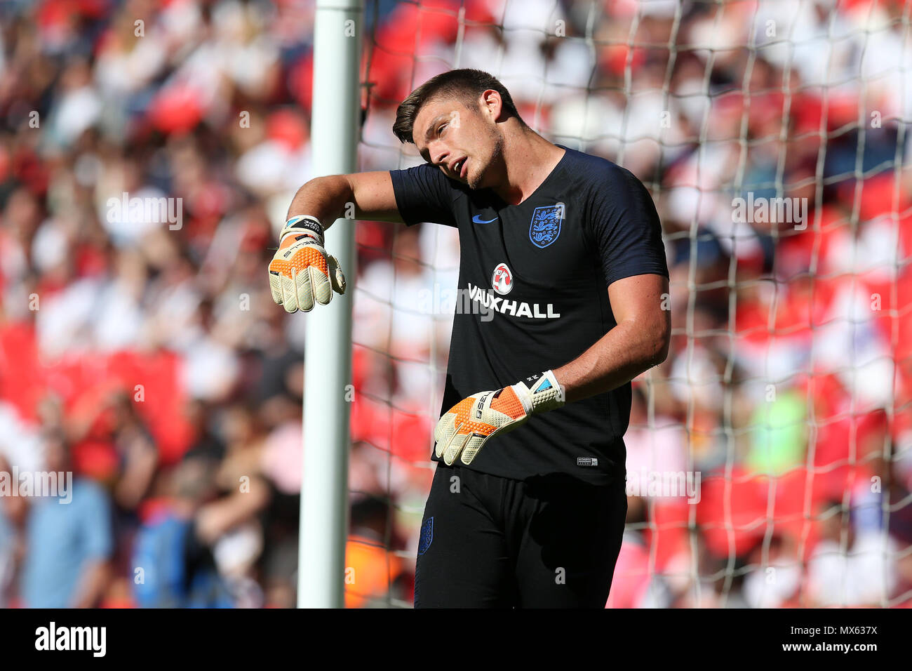 Wembley Stadium, London, UK. 2nd Jun, 2018. Nick Pope, goalkeeper of England during prematch warm up. Football International friendly, England v Nigeria at Wembley Stadium in London on Saturday 2nd June 2018.  this image may only be used for Editorial purposes. Editorial use only, license required for commercial use. No use in betting, games or a single club/league/player publications. pic by Andrew Orchard//Andrew Orchard sports photography/Alamy Live news Stock Photo