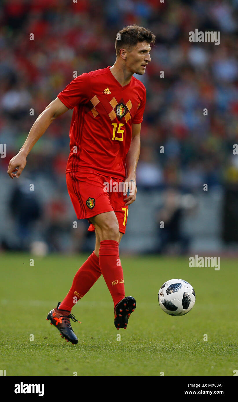 Brussels, Belgium. 2nd June, 2018. Thomas Meunier of Belgium controls the ball during the International Friendly soccer match between Belgium and Portugal at the King Baudouin stadium in Brussels, Belgium, June 2, 2018. Credit: Ye Pingfan/Xinhua/Alamy Live News Stock Photo