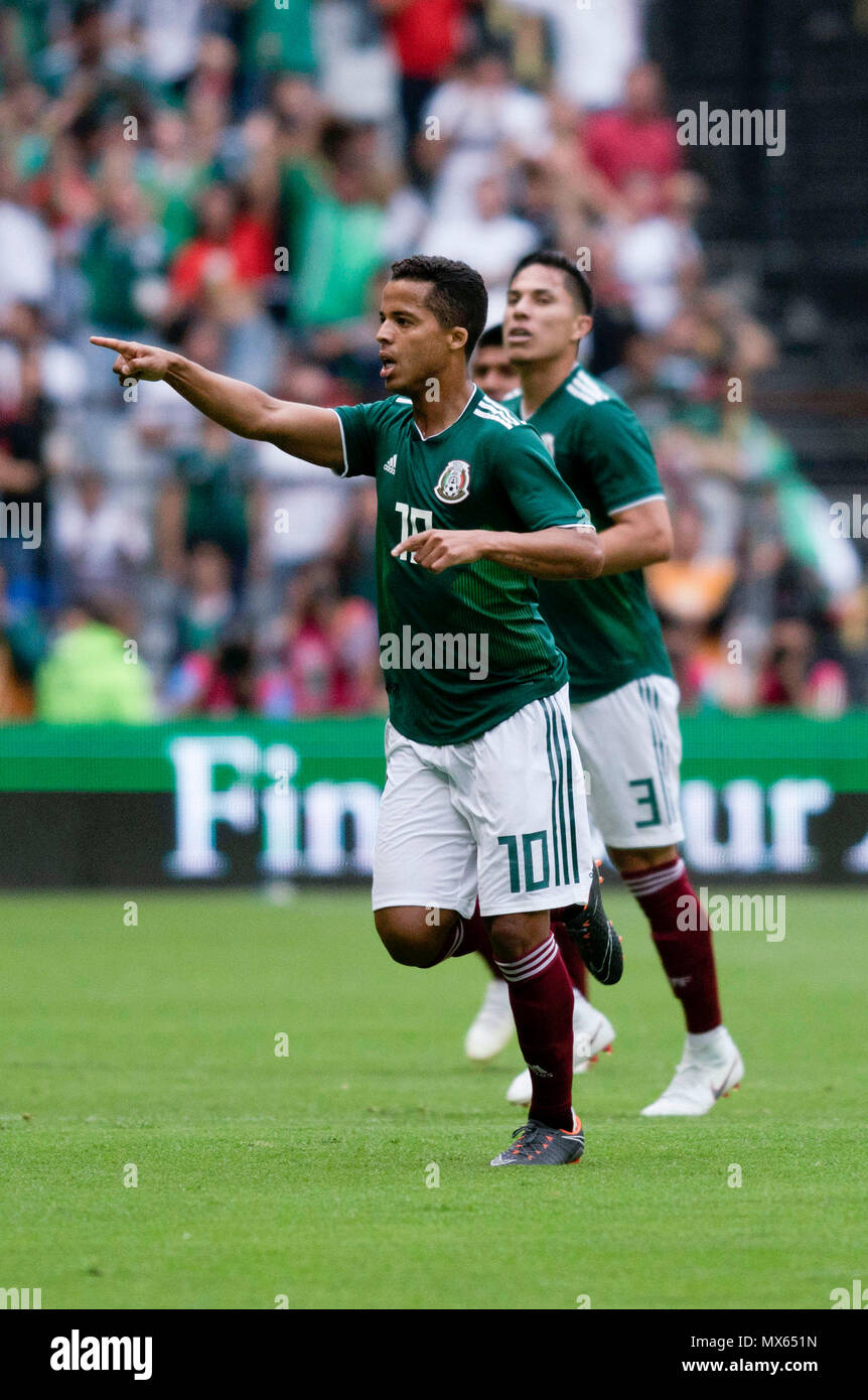 Mexico City, Mexico. 2nd June, 2018. Giovani Dos Santos (front) of Mexico celebrates his goal during the international friendly match against Scotland before the 2018 FIFA World Cup in Mexico City, capital of Mexico, June 2, 2018. Credit: Luis Licona/STRAFFON IMAGES/Xinhua/Alamy Live News Stock Photo