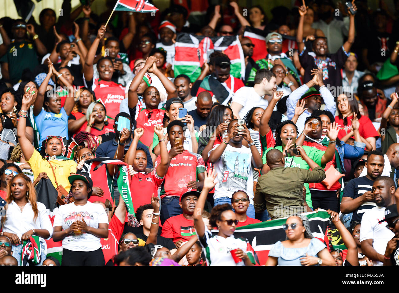 London, UK. 2nd Jun, 2018. Kenya 7s fans during HSBC World Rugby Sevens Series London at Twickenham Stadium on Saturday, 02 June 2018. ENGLAND, LONDON. Credit: Taka G Wu Credit: Taka Wu/Alamy Live News Stock Photo