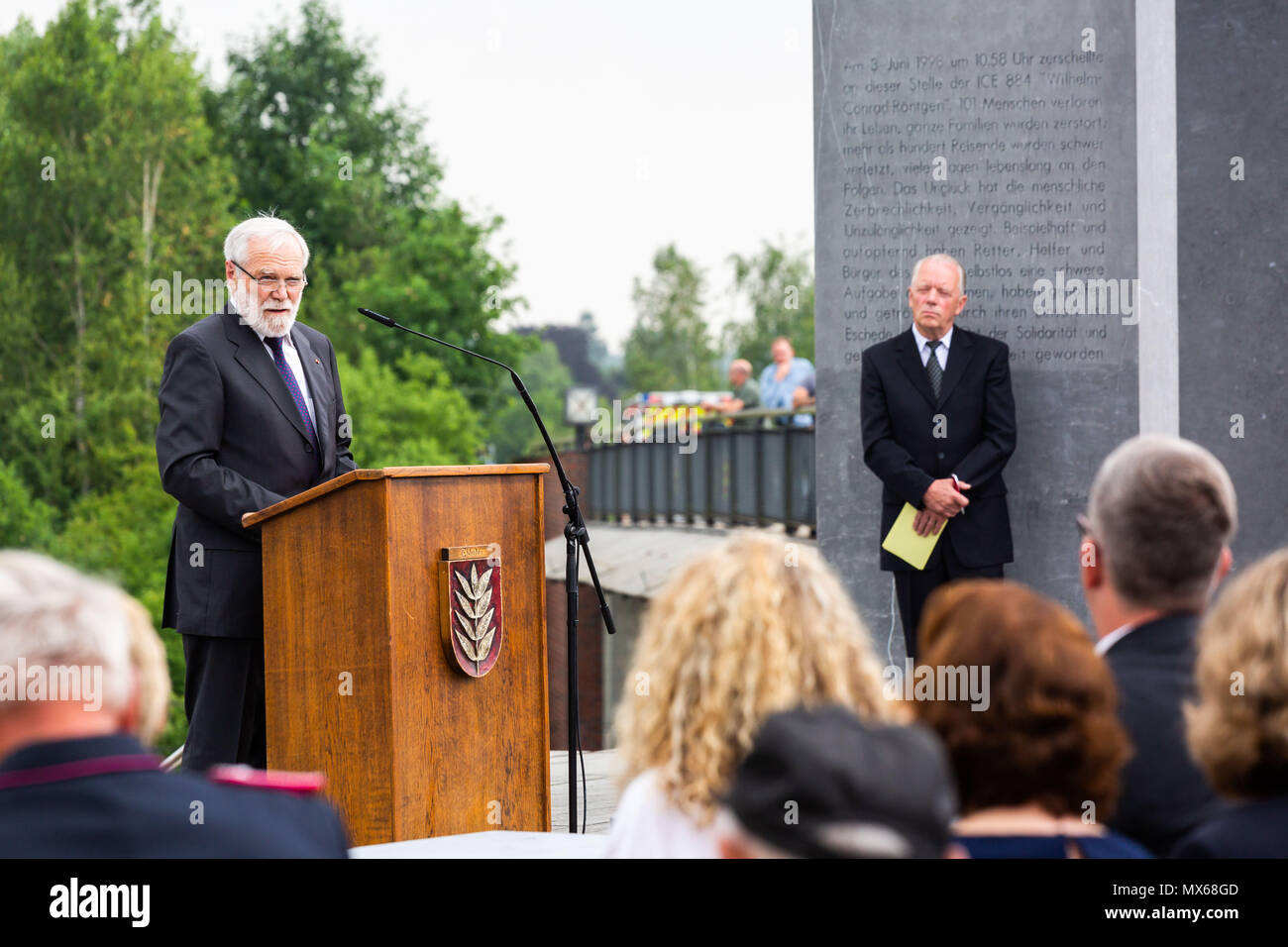 Eschede, Germany. 03 May 2018, Germany, Eschede: The spokesman from 'Selbsthilfe Eschede' (lit. self-help Eschede', Heinrich Loewen, speaking during the 20th anniversary of the train accident in Eschede. The ICE 'Wilhelm Conrad Roentgen' derailed on the 3 June 1998 at tempo 200 and drove into a highway bridge. 101 people died. Photo: Philipp von Ditfurth/dpa Stock Photo