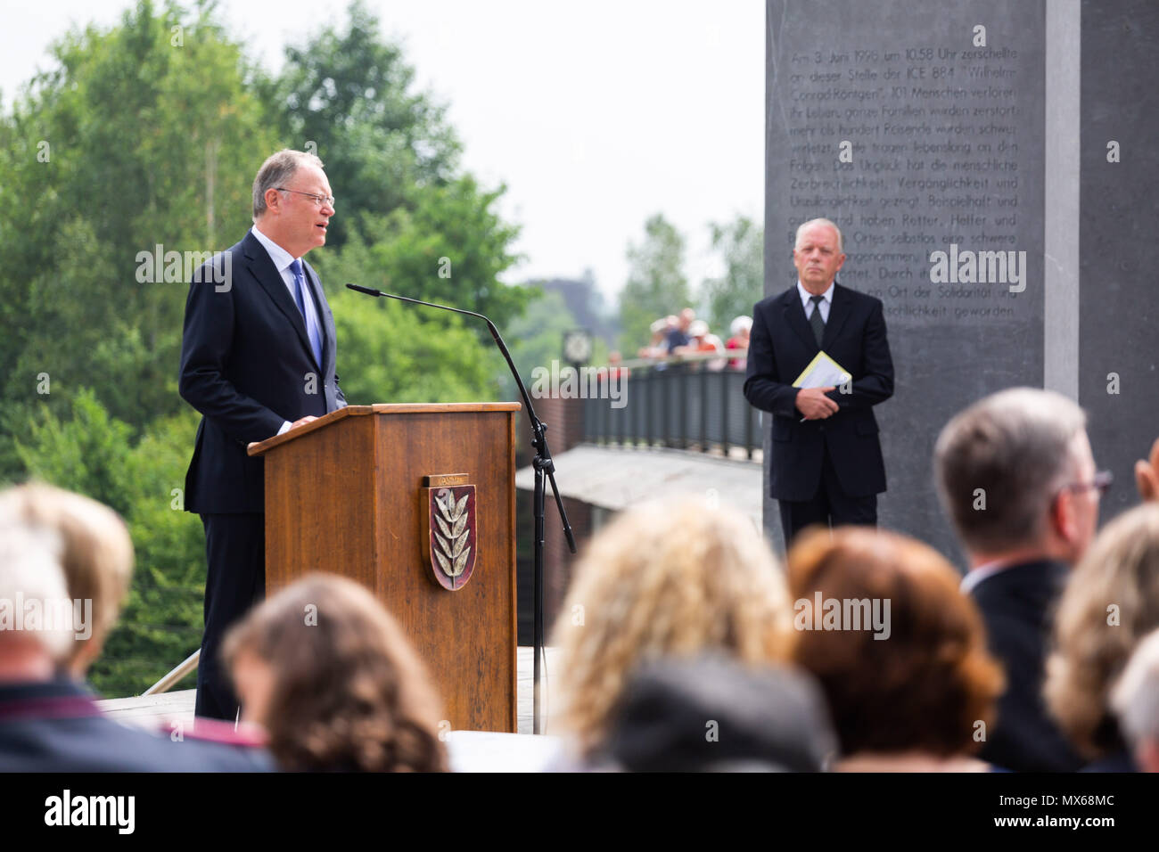 Eschede, Germany. 03 May 2018, Germany, Eschede: The Premier of Lower Saxony from the Social Democratic Party (SPD), Stephan Weil, speaking during the 20th anniversary of the train accident in Eschede. The ICE 'Wilhelm Conrad Roentgen' derailed on the 3 June 1998 at tempo 200 and drove into a highway bridge. 101 people died. Photo: Philipp von Ditfurth/dpa Stock Photo