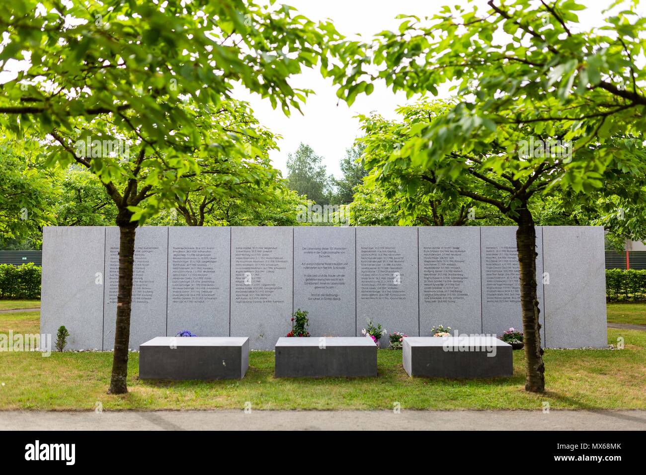 Eschede, Germany. 03 May 2018, Germany, Eschede: The granite plaque with the names of the victims commemorating the train accident in Eschede photgraphed for the 20th anniversary of the accident. The ICE 'Wilhelm Conrad Roentgen' derailed on the 3 June 1998 at tempo 200 and drove into a highway bridge. 101 people died. Photo: Philipp von Ditfurth/dpa Stock Photo