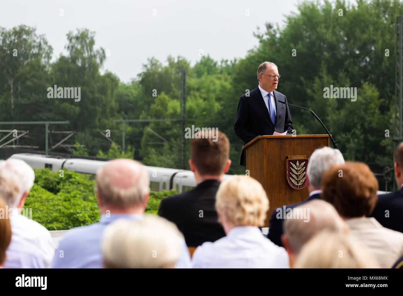 Eschede, Germany. 03 May 2018, Germany, Eschede: The Premier of Lower Saxony from the Social Democratic Party (SPD), Stephan Weil, speaking during the 20th anniversary of the train accident in Eschede. The ICE 'Wilhelm Conrad Roentgen' derailed on the 3 June 1998 at tempo 200 and drove into a highway bridge. 101 people died. Photo: Philipp von Ditfurth/dpa Stock Photo