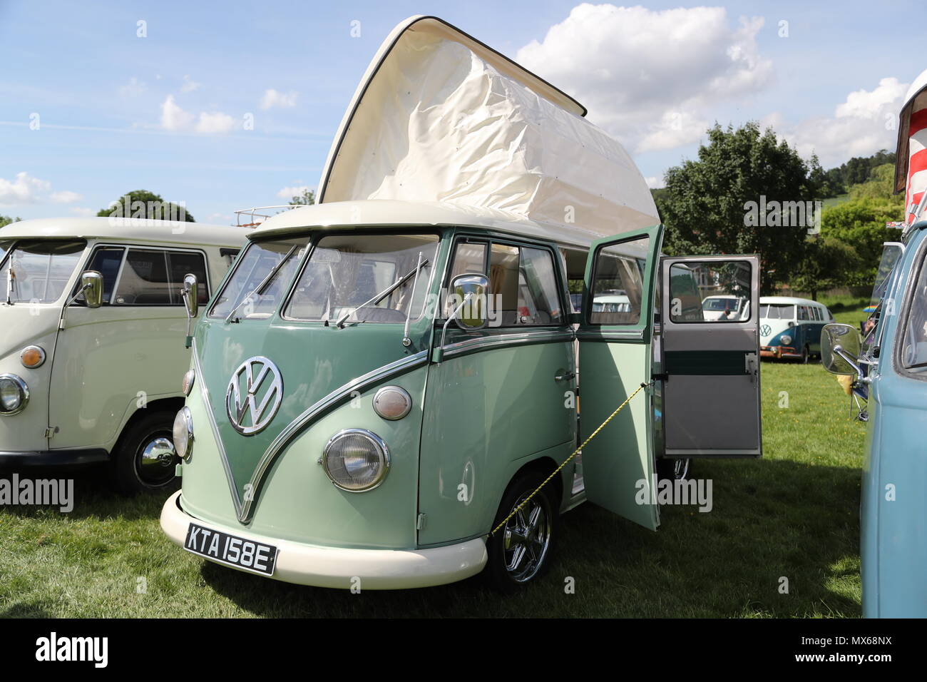 Stonor, Oxfordshire, UK. 3rd Jun, 2018. All types of historic Volkswagen cars and vans were displayed at this years's gathering of their owners. Fans could get close to well-loved vehicles from the German car manufacturer, which created its reputation for durability  and Hippie appeal in the 60s. VW vans were used as a basis for cmper vans. Credit: Uwe Deffner/Alamy Live News Stock Photo