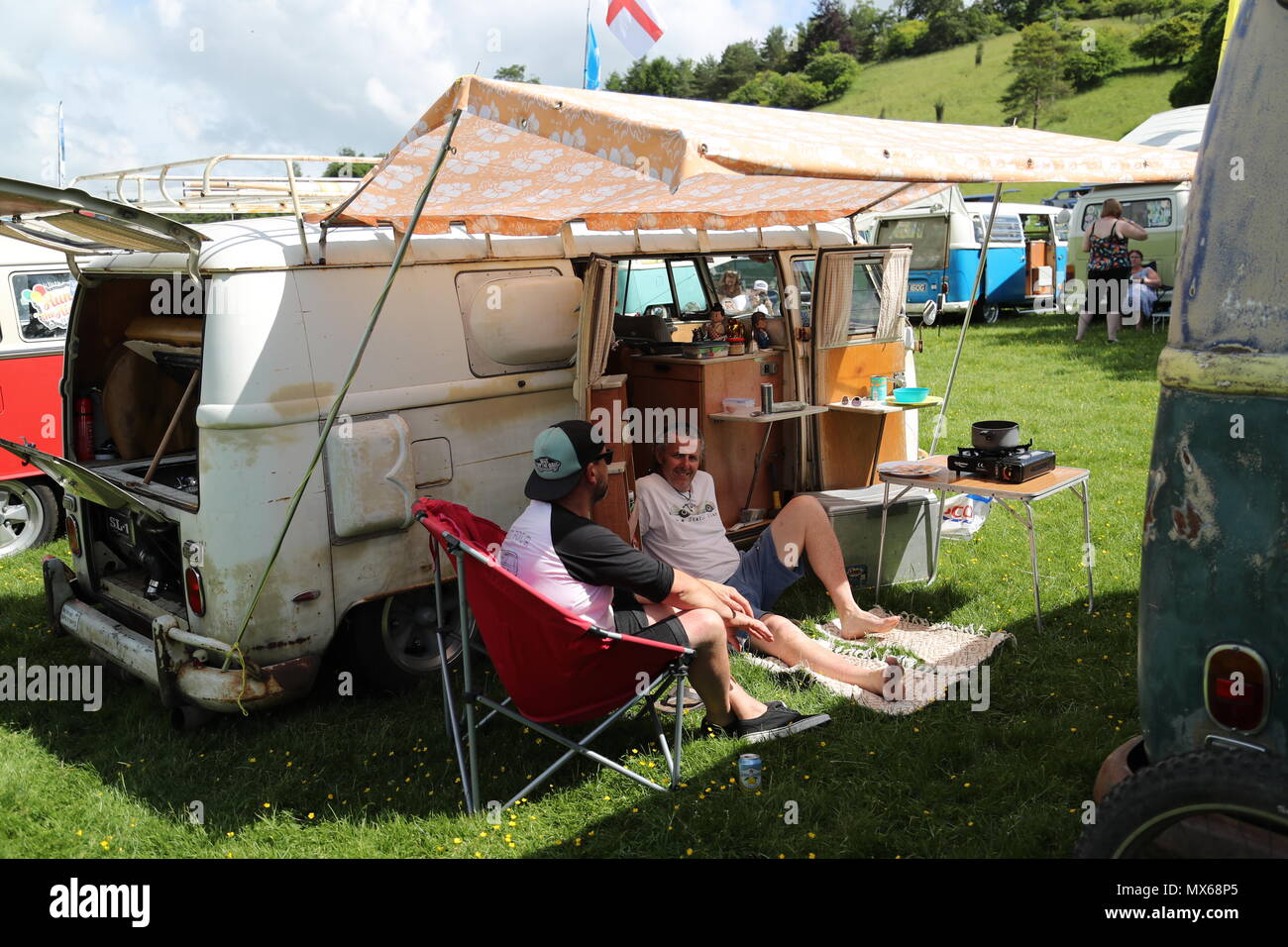 Stonor, Oxfordshire, UK. 3rd Jun, 2018. All types of historic Volkswagen cars and vans were displayed at this years's gathering of their owners. Fans could get close to well-loved vehicles from the German car manufacturer, which created its reputation for durability  and Hippie appeal in the 60s. Idyllic picnic. Credit: Uwe Deffner/Alamy Live News Stock Photo