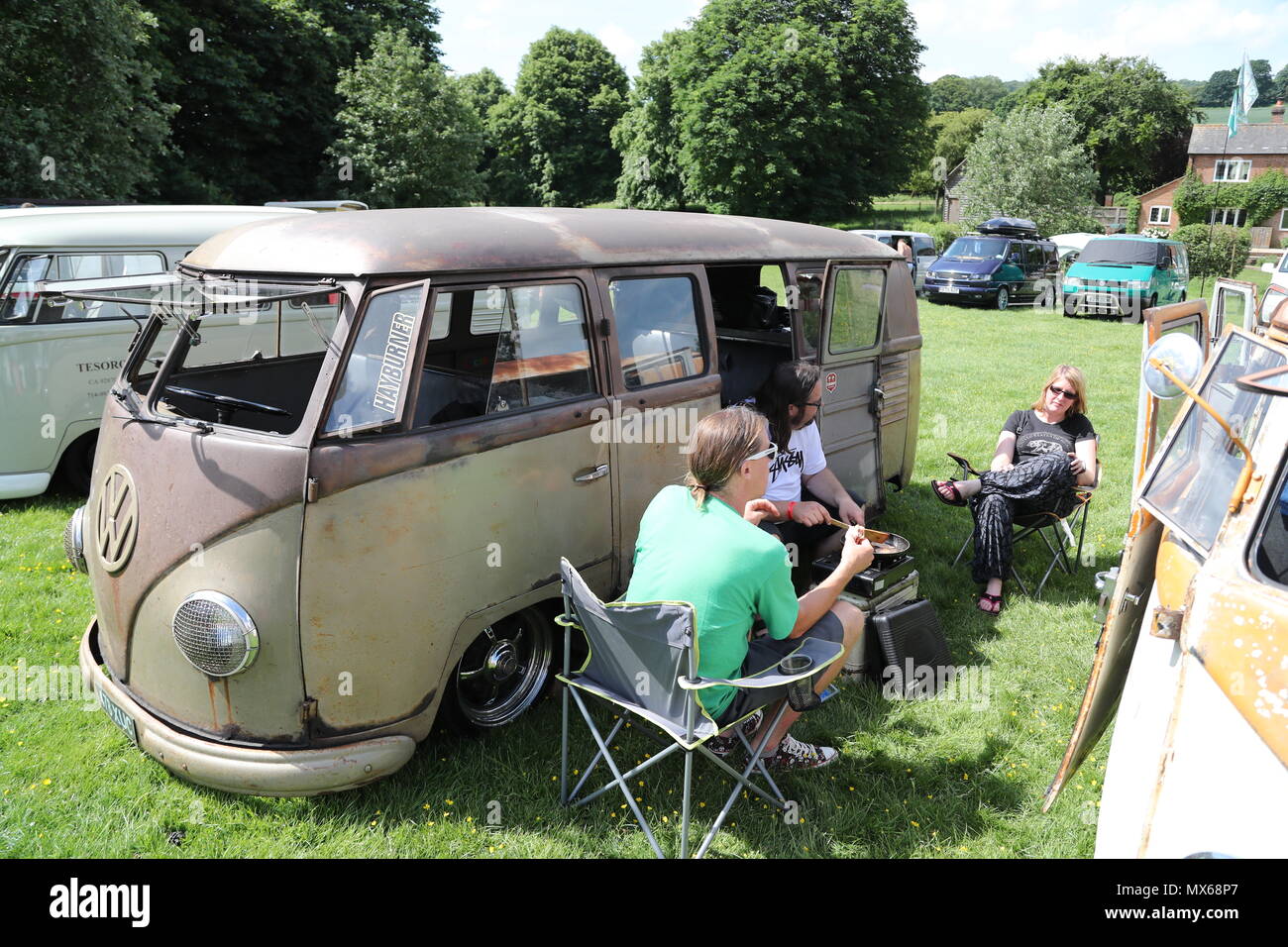Stonor, Oxfordshire, UK. 3rd Jun, 2018. All types of historic Volkswagen cars and vans were displayed at this years's gathering of their owners. Fans could get close to well-loved vehicles from the German car manufacturer, which created its reputation for durability  and Hippie appeal in the 60s. Credit: Uwe Deffner/Alamy Live News Stock Photo