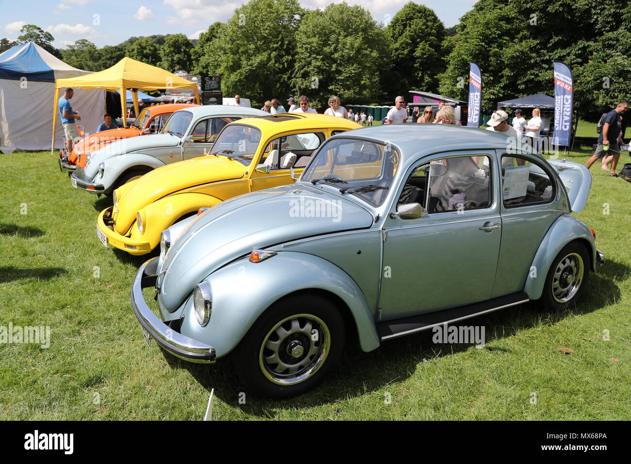 Stonor, Oxfordshire, UK. 3rd Jun, 2018. All types of historic Volkswagen cars and vans were displayed at this years's gathering of their owners. Fans could get close to well-loved vehicles from the German car manufacturer, which created its reputation for durability  and Hippie appeal in the 60s. Beetles lined up. Credit: Uwe Deffner/Alamy Live News Stock Photo