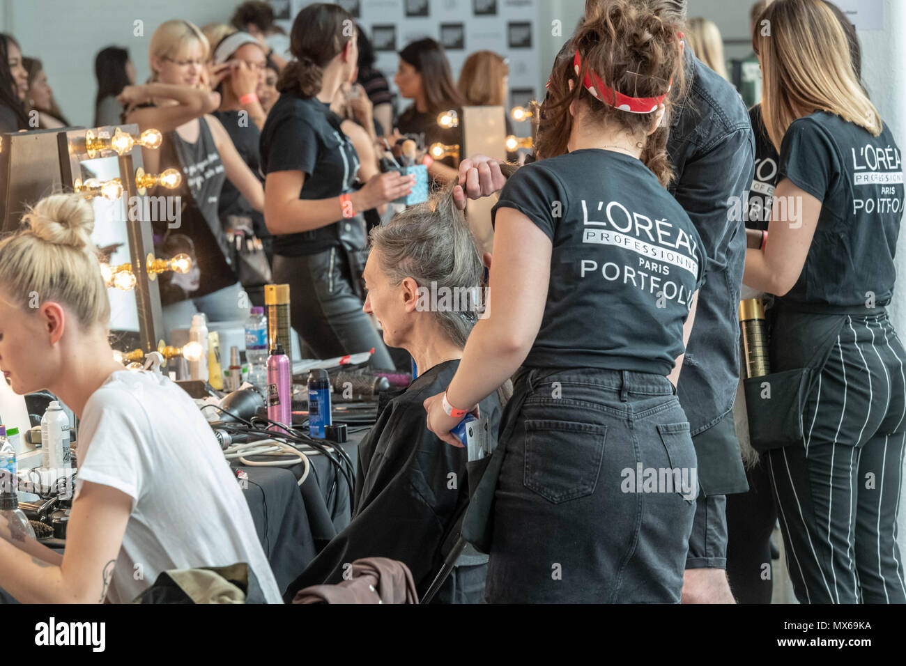 London 3rd June 2018, Graduate Fashion Week,2018 London  at the Old Truman Brewery Shoreditch Backstage in the Makeup area Credit Ian Davidson/Alamy Live News Stock Photo