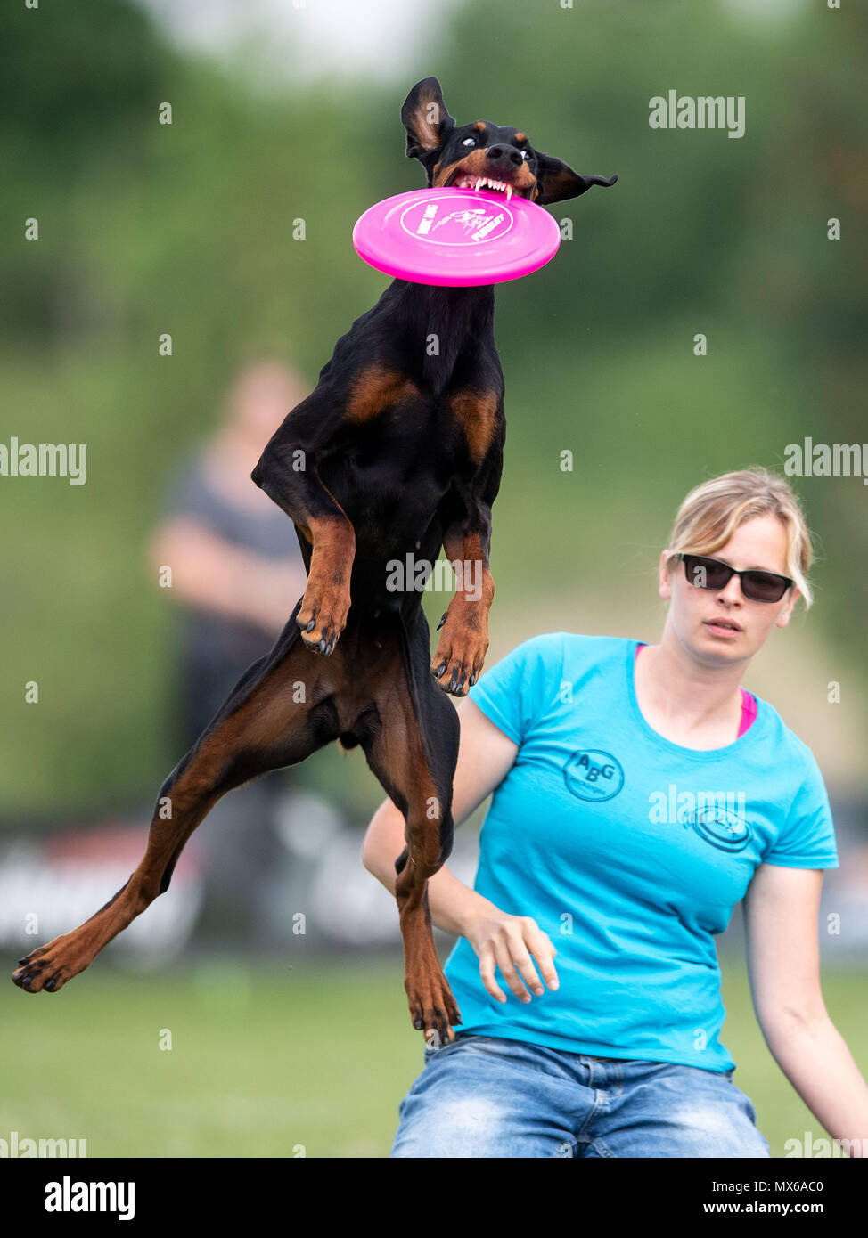 03 May 2018, Germany, Erftstadt Franziska Wieland and her dog Cagiva