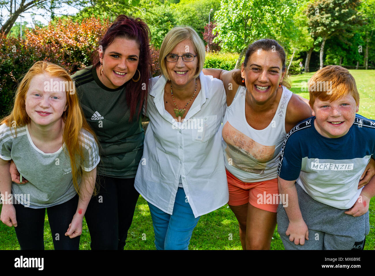 Bantry, Ireland. 3rd June, 2018. The West Lodge Hotel in Bantry held a Red Head Festival in Bantry over the weekend. Pictured enjoying the family fun day on Sunday are 4 generations of the same family - Cheryl Conroy; Mum Nikita Conroy; Great Granny Noelle Kearney; Granny Lorna Controy and Jonathan Conroy - all from Cork . Credit: Andy Gibson/Alamy Live News. Stock Photo