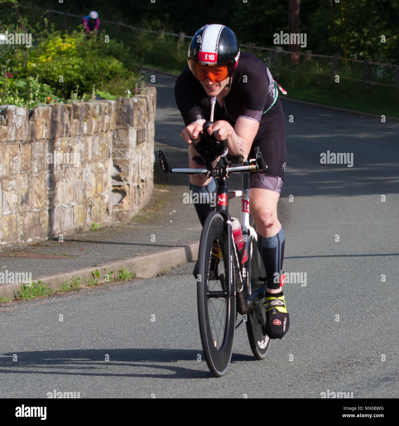 Chester, UK. 3 June 2018. Joe Beech, overall first place in the Chester Triathlon Club Deva Tri  Middle Distance event. Credit: Charles Allen/Alamy Live News Stock Photo