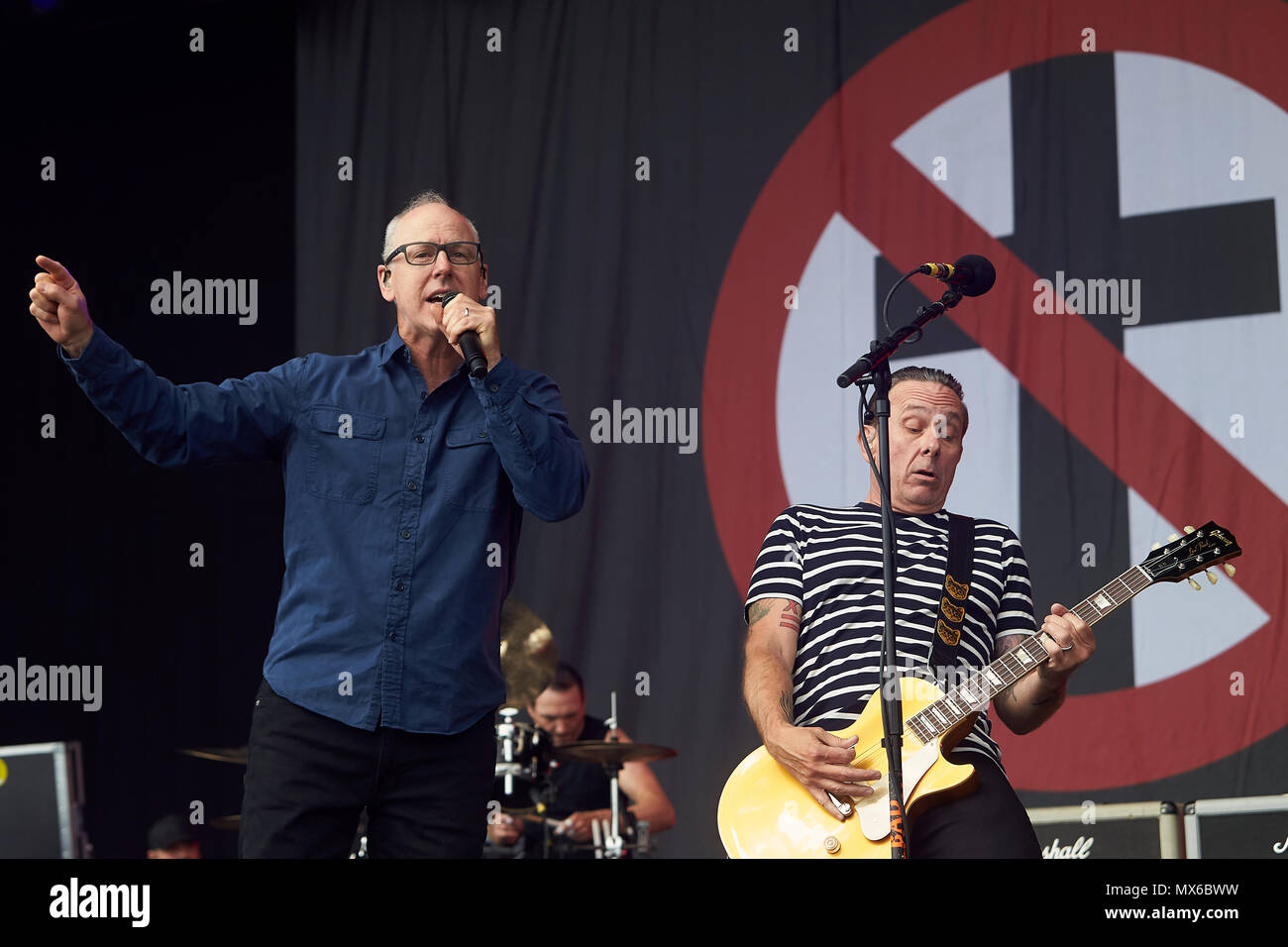 03 May 2018, Germany, Nuerburg: Singer of the US punk rock band 'Bad Religion', Greg Graffin, and guitarist Brian Baker on the main stage at the music festival 'Rock am Ring'. Around 80 bands are performing at the Nuerburg ring. Photo: Thomas Frey/dpa Stock Photo