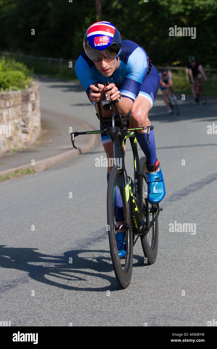 Chester, UK. 3 June 2018. Phil Ellison takes overall third place in the Chester Triathlon Club Deva Tri  Middle Distance event. Credit: Charles Allen/Alamy Live News Stock Photo