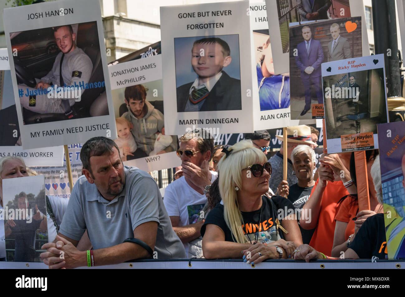 London, UK. 3rd June 2018. Community groups and campaigners against knife and gun crime protest opposite Downing St, calling on Theresa May to take action to stop the growing number of killings using knives across the country. The event was organised by Anti-Knife UK, founded by Danny O'Brien in 2008 which monitors knife crime incidents from across the UK on a daily basis. Credit: Peter Marshall/Alamy Live News Stock Photo