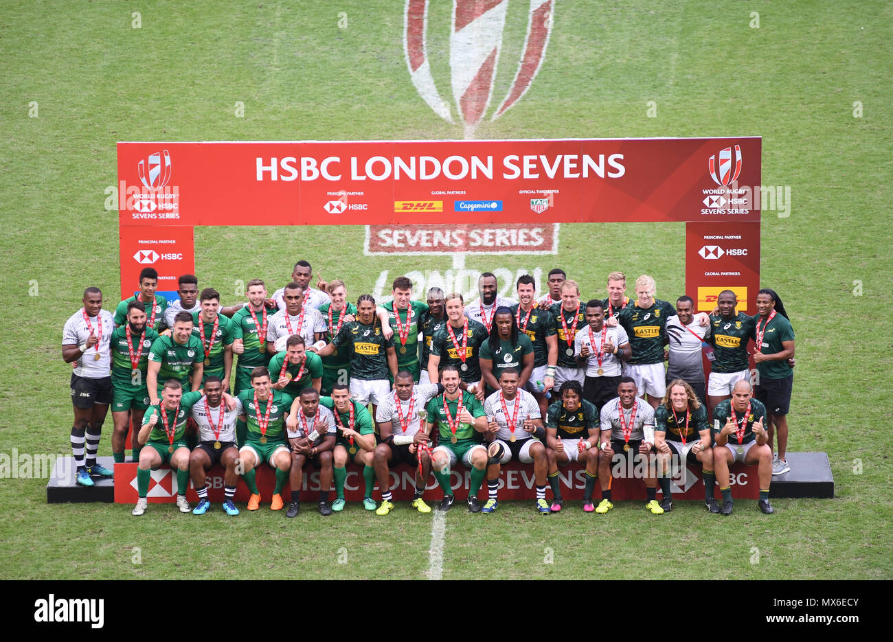 Twickenham Stadium, London, UK. 3rd June, 2018. HSBC World Rugby Sevens  Series; Winners; Fiji, second, South Africa and third place Ireland teams  Credit: Action Plus Sports/Alamy Live News Stock Photo - Alamy