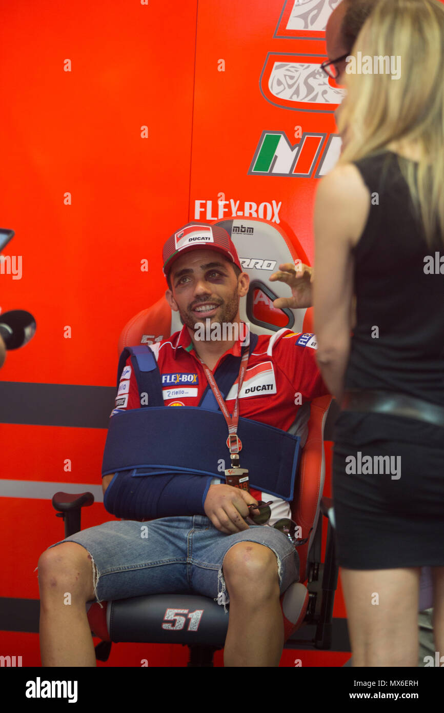 Scarperia, Italy. 3rd Jun, 2018. Michele Pirro, the victim of a bad accident during the second free practice session at the Ducati recingduring Race MotoGP  at the Mugello International Cuircuit for the sixth round of MotoGP World Championship Gran Premio d'Italia Oakley on June 3, 2018 in Scarperia, Italy Credit: Fabio Averna/Alamy Live News Stock Photo