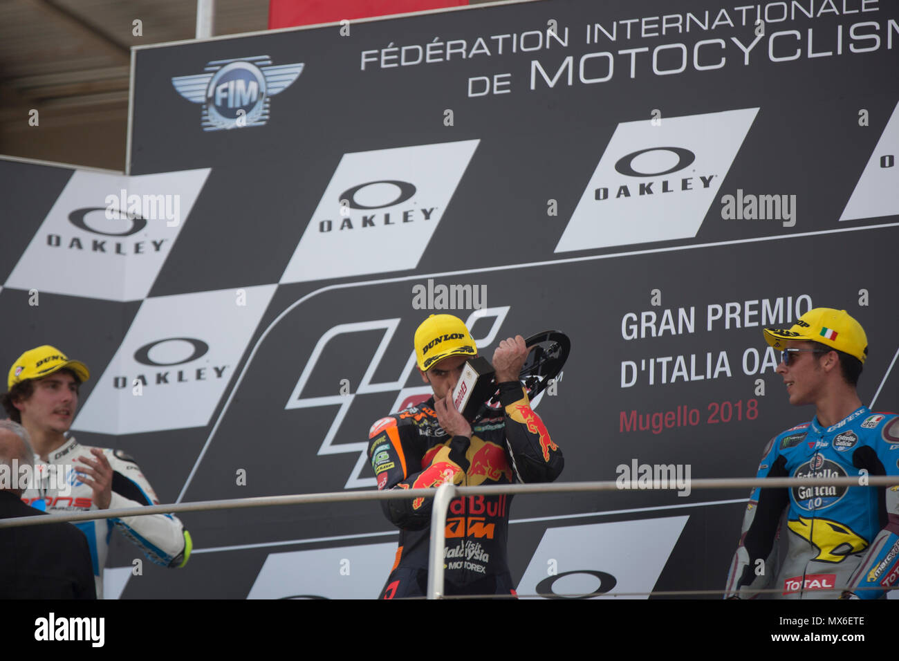 Scarperia, Italy. 3rd Jun, 2018. 44Miguel OLIVEIRAPORRed Bull KTM AjoKTM , 07Lorenzo BALDASSARRIITAPons HP40Kalex , 36Joan MIRSPAEG 0,0 Marc VDSKalex  podium Moto2 during Race MotoGP  at the Mugello International Cuircuit for the sixth round of MotoGP World Championship Gran Premio d'Italia Oakley on June 3, 2018 in Scarperia, Italy Credit: Fabio Averna/Alamy Live News Stock Photo