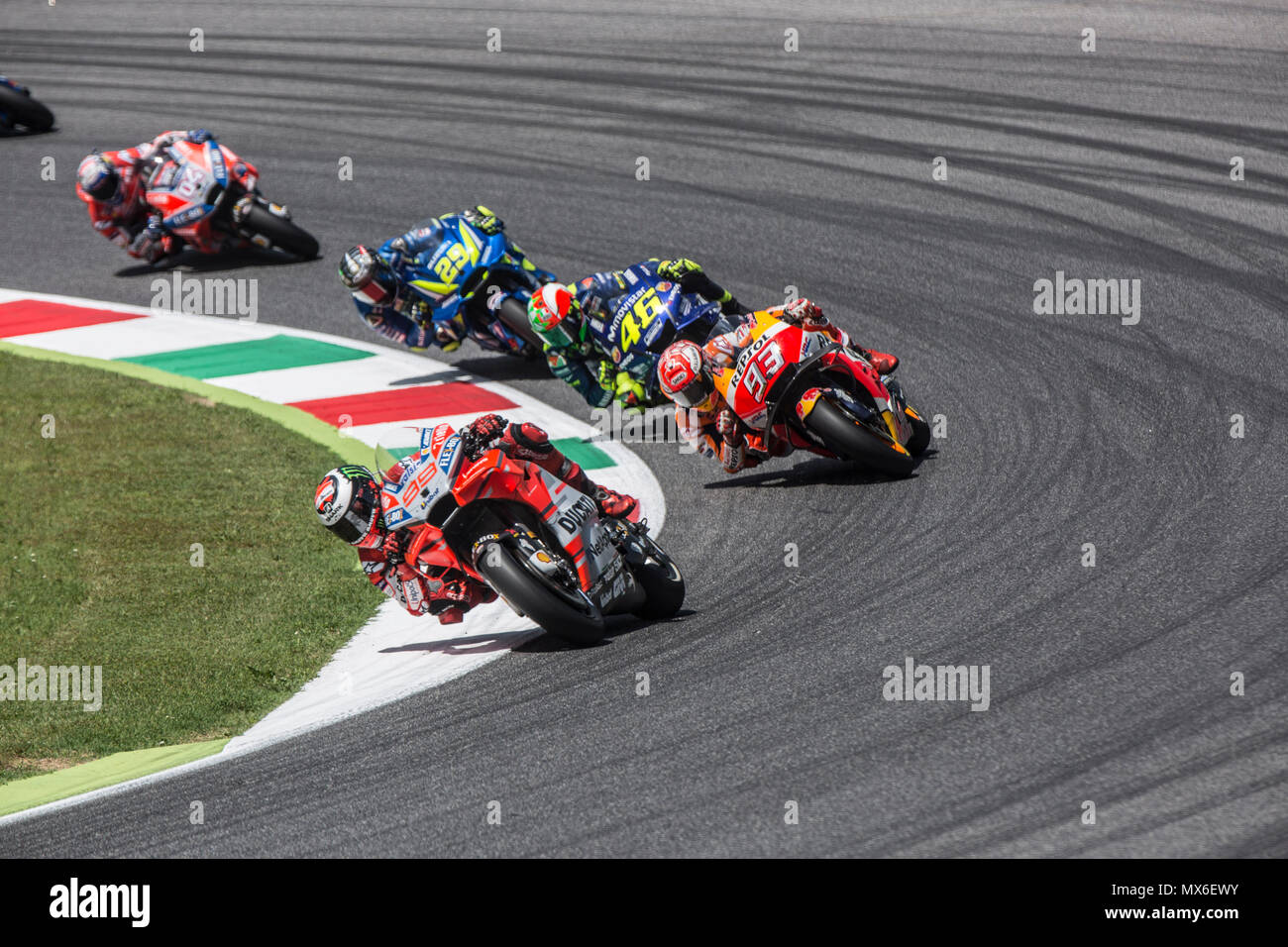 Scarperia, Italy. 3rd Jun, 2018. 99Jorge LORENZOSPADucati TeamDucati , Marc MARQUEZ HONDA during Race MotoGP  at the Mugello International Cuircuit for the sixth round of MotoGP World Championship Gran Premio d'Italia Oakley on June 3, 2018 in Scarperia, Italy Credit: Fabio Averna/Alamy Live News Stock Photo