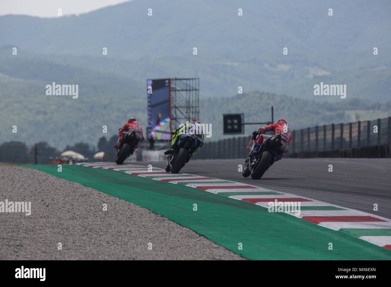 Scarperia, Italy. 3rd Jun, 2018. 99Jorge LORENZOSPADucati TeamDucati 46Valentino ROSSIITAMovistar Yamaha MotoGPYamaha 04Andrea DOVIZIOSOITADucati TeamDucati during Race MotoGP  at the Mugello International Cuircuit for the sixth round of MotoGP World Championship Gran Premio d'Italia Oakley on June 3, 2018 in Scarperia, Italy Credit: Fabio Averna/Alamy Live News Stock Photo