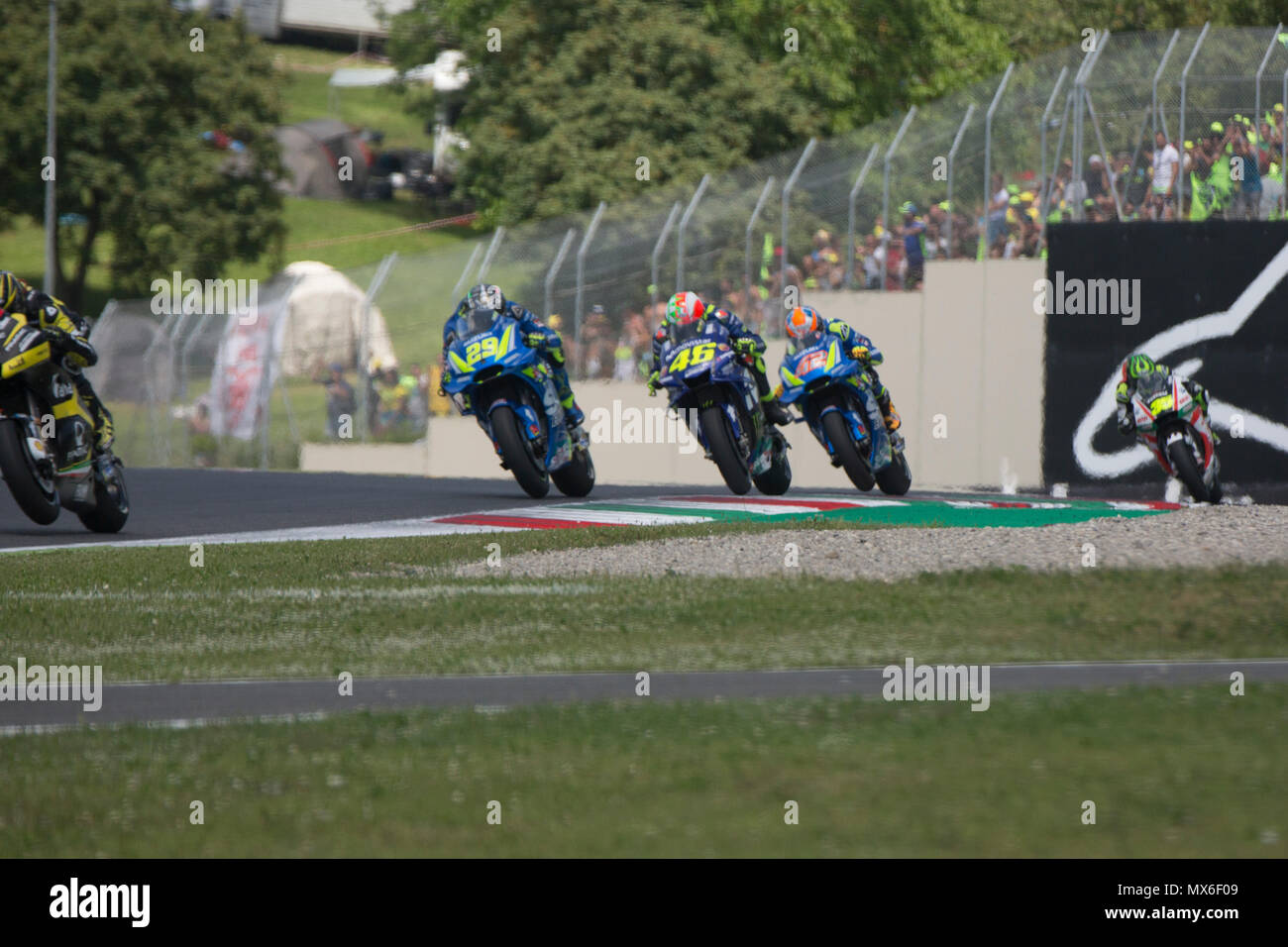 Scarperia, Italy. 3rd Jun, 2018. 46Valentino ROSSIITAMovistar Yamaha MotoGPYamaha 42Alex RINSSPATeam SUZUKI ECSTARSuzuki during Race MotoGP  at the Mugello International Cuircuit for the sixth round of MotoGP World Championship Gran Premio d'Italia Oakley on June 3, 2018 in Scarperia, Italy Credit: Fabio Averna/Alamy Live News Stock Photo