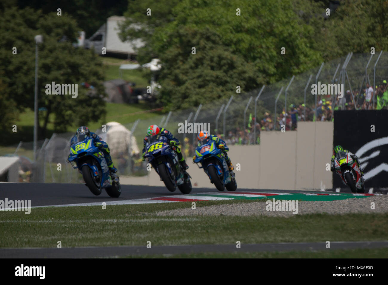 Scarperia, Italy. 3rd Jun, 2018. 46Valentino ROSSIITAMovistar Yamaha MotoGPYamaha 42Alex RINSSPATeam SUZUKI ECSTARSuzuki during Race MotoGP  at the Mugello International Cuircuit for the sixth round of MotoGP World Championship Gran Premio d'Italia Oakley on June 3, 2018 in Scarperia, Italy Credit: Fabio Averna/Alamy Live News Stock Photo