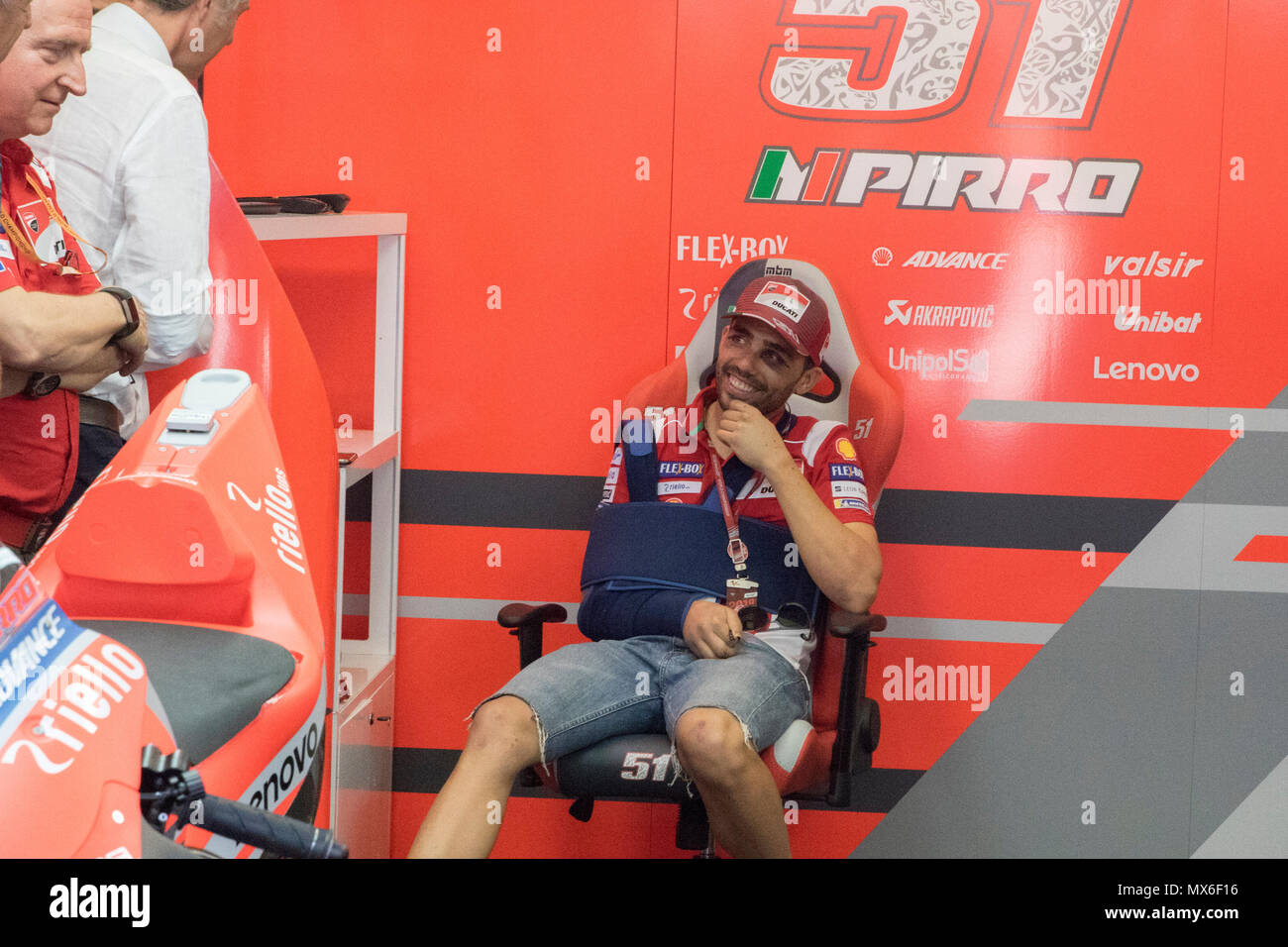 Scarperia, Italy. 3rd Jun, 2018. Michele Pirro, the victim of a bad accident during the second free practice session at the Ducati recingduring Race MotoGP  at the Mugello International Cuircuit for the sixth round of MotoGP World Championship Gran Premio d'Italia Oakley on June 3, 2018 in Scarperia, Italy Credit: Fabio Averna/Alamy Live News Stock Photo