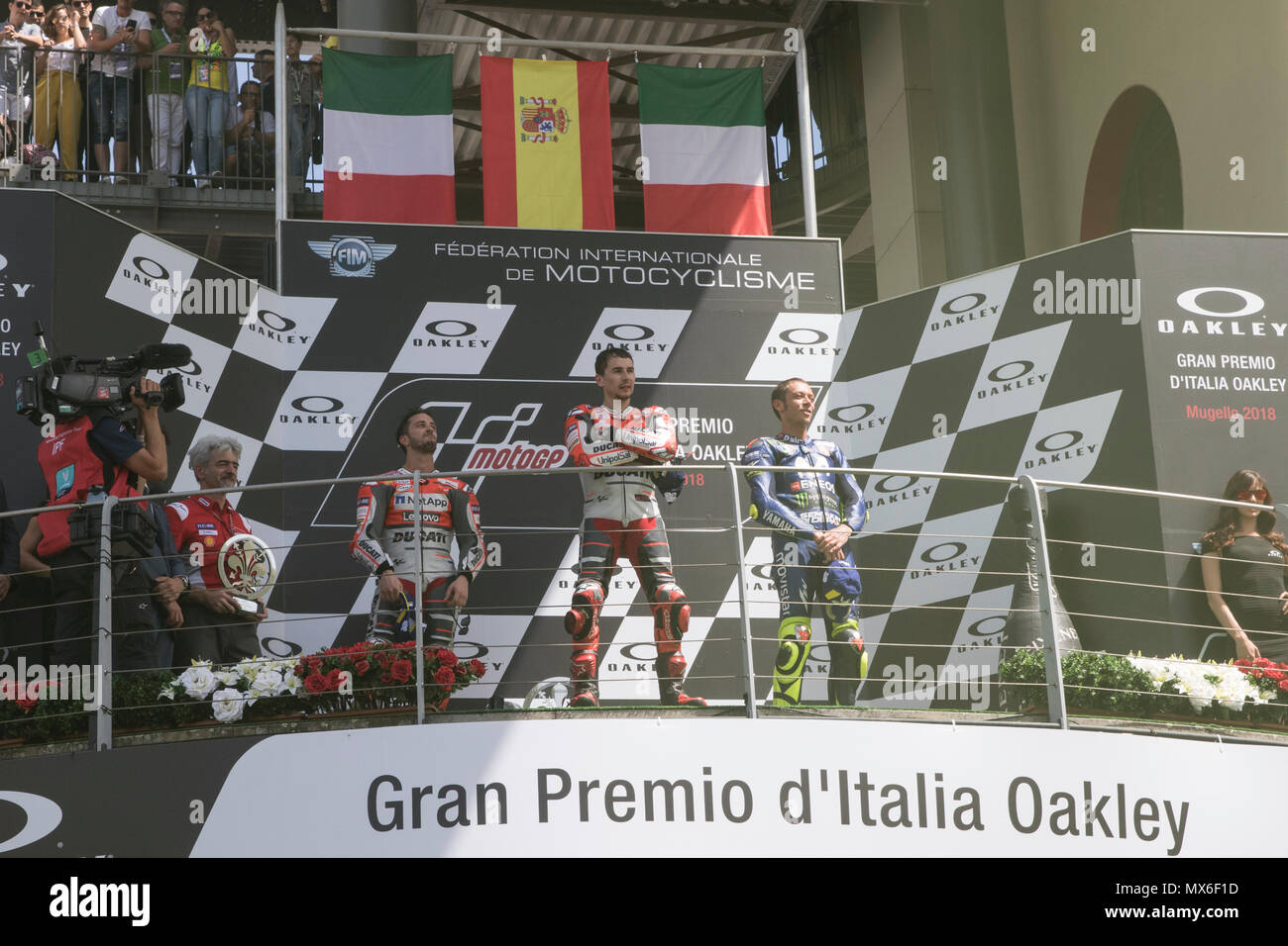 Scarperia, Italy. 3rd Jun, 2018. Valentino ROSSI Andrea DOVIZIOSSI Jorge  LORENZO podium winner during Race MotoGP