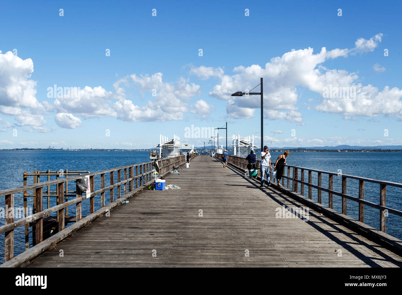 Panoramic view of the Woody Point Jetty, a popular recreational fishing spot in the Redcliffe Peninsula, Queensland, Australia Stock Photo