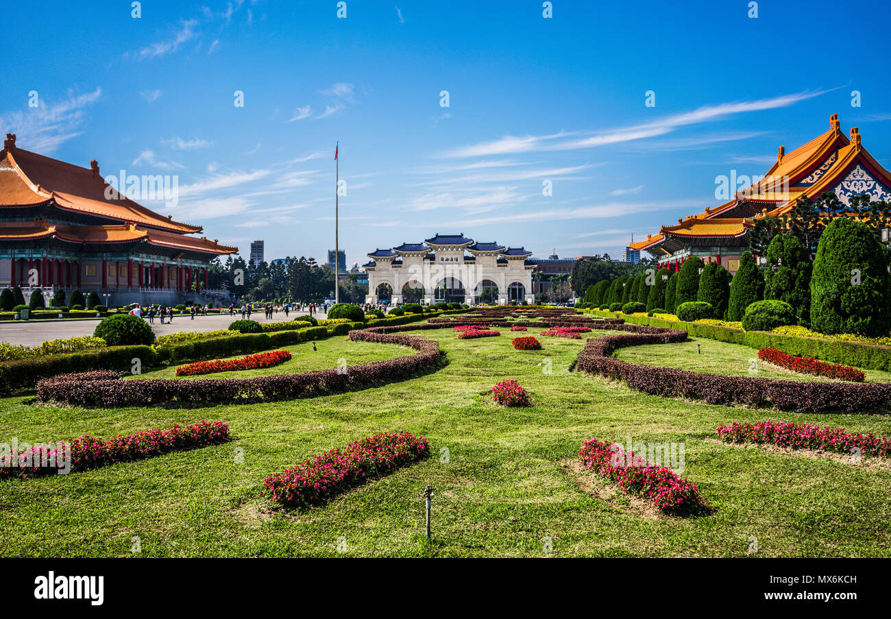 Scenic view of Liberty Square with archway National Theater and National Concert Hall close to Chiang Kai Shek Memorial Hall in Taipei Taiwan HDR Stock Photo
