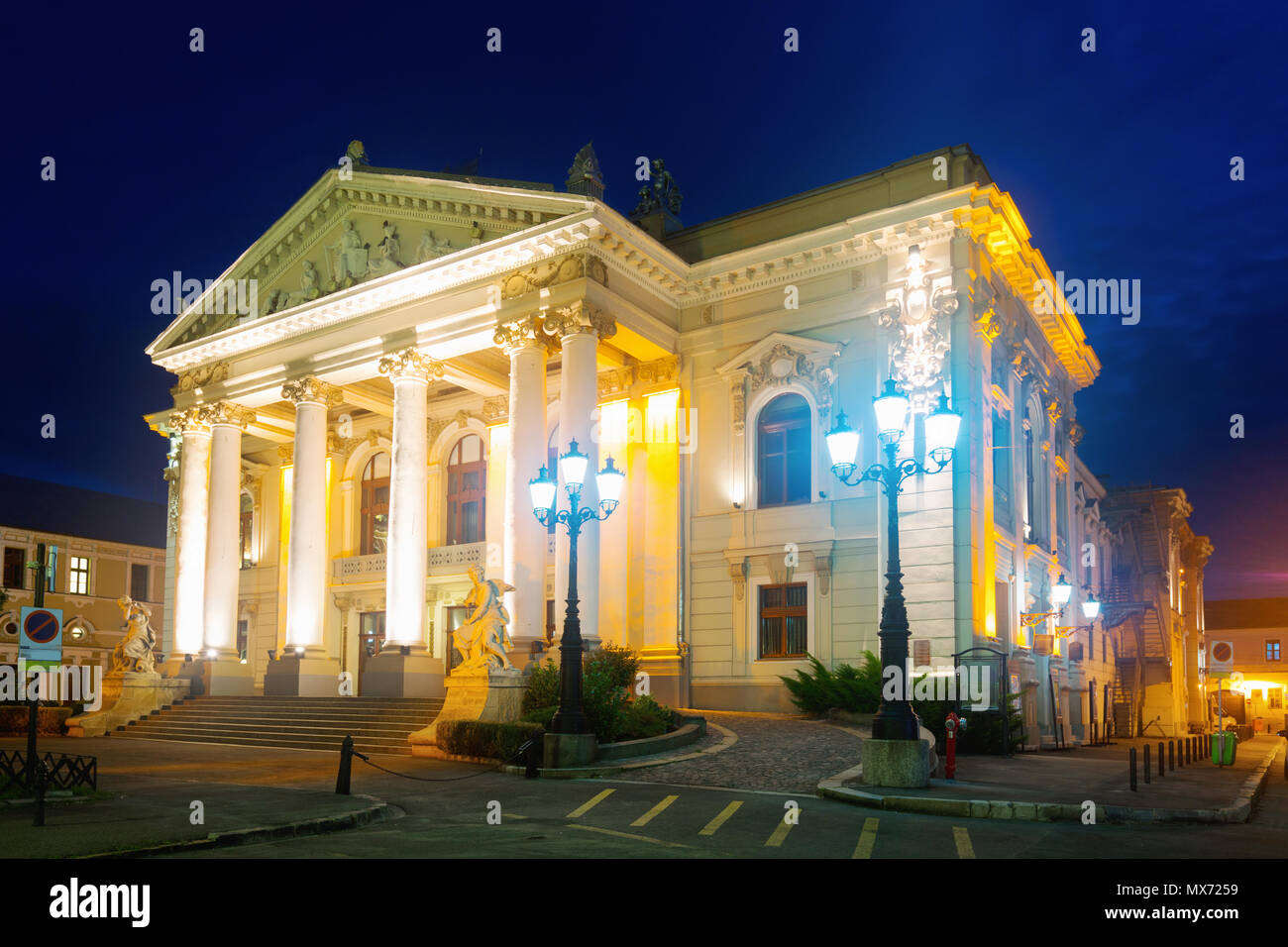 Building of famous Oradea State Theatre in night lights, Romania Stock ...